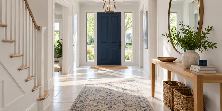 Illustrative clean entrance hallway with navy door