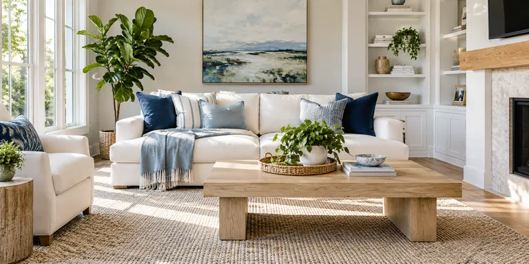 Illustrative clean living room with navy cushions