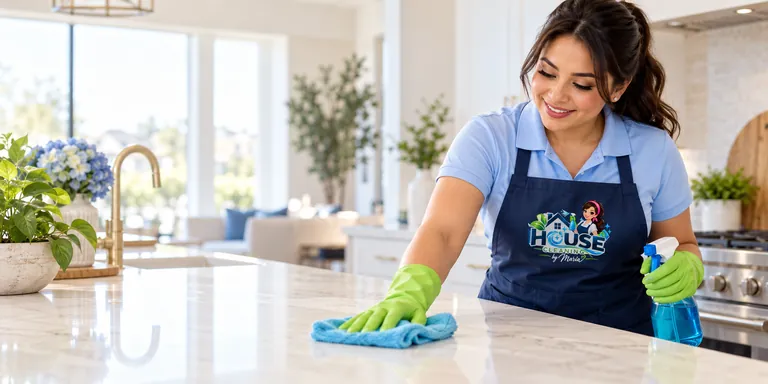 Illustrative cleaning professional wiping a kitchen island